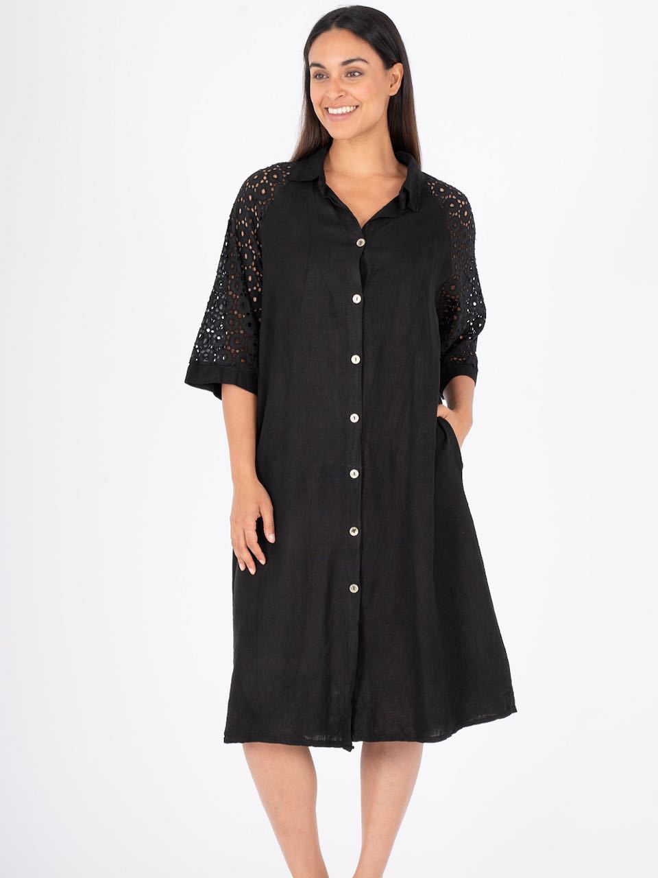 Linen/Cttn Shirtdrss Lace Shld