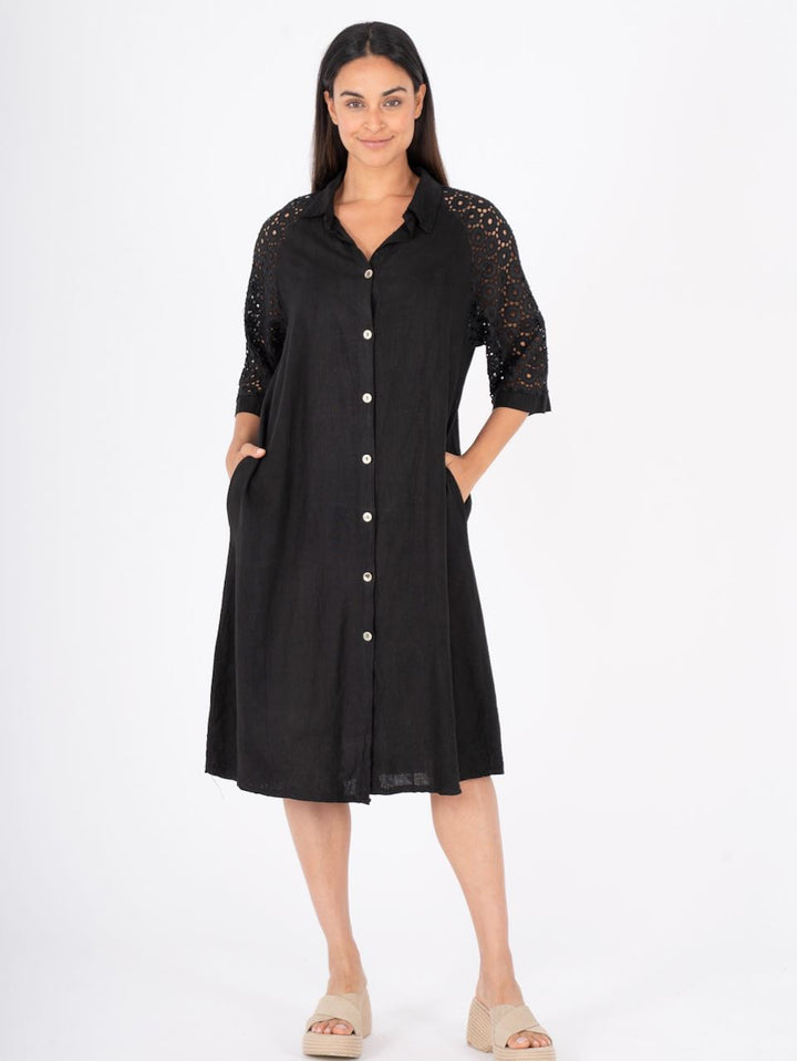 Linen/Cttn Shirtdrss Lace Shld