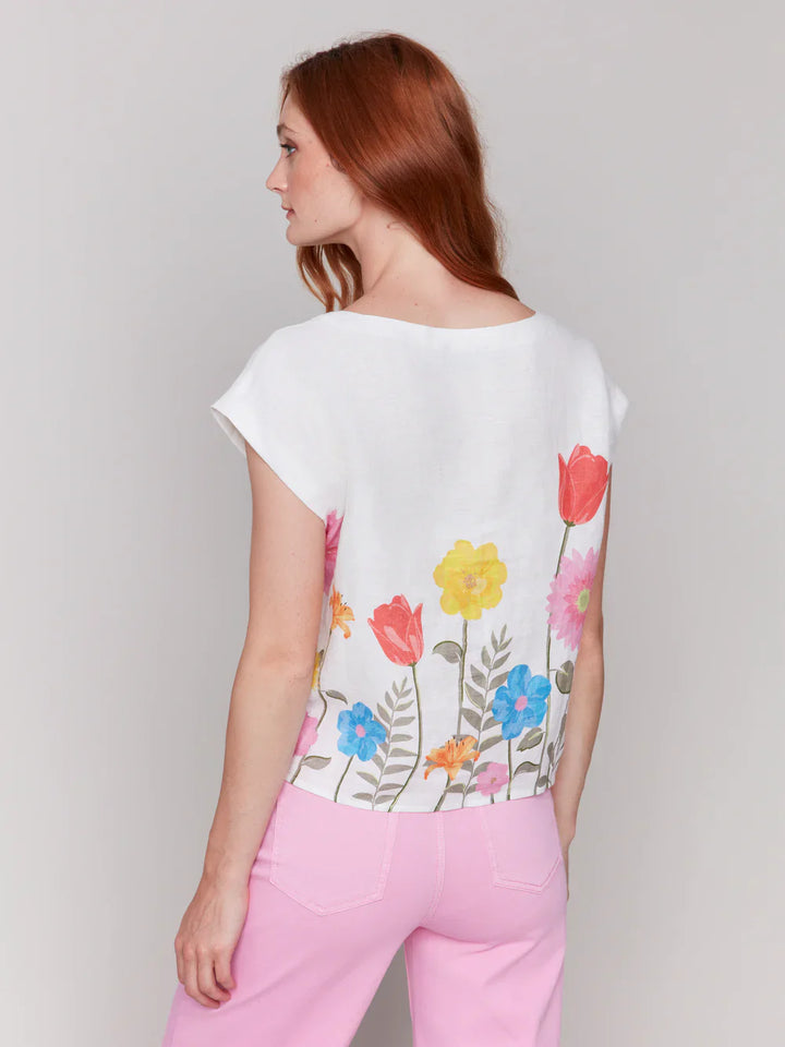 Short Sleeve Front Tie Floral Border Top