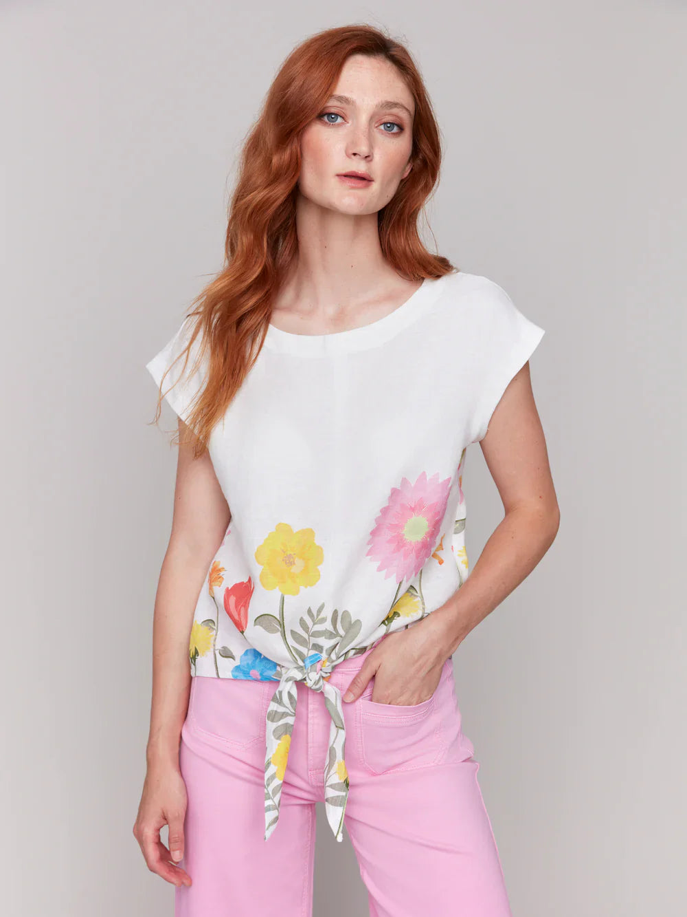 Short Sleeve Front Tie Floral Border Top