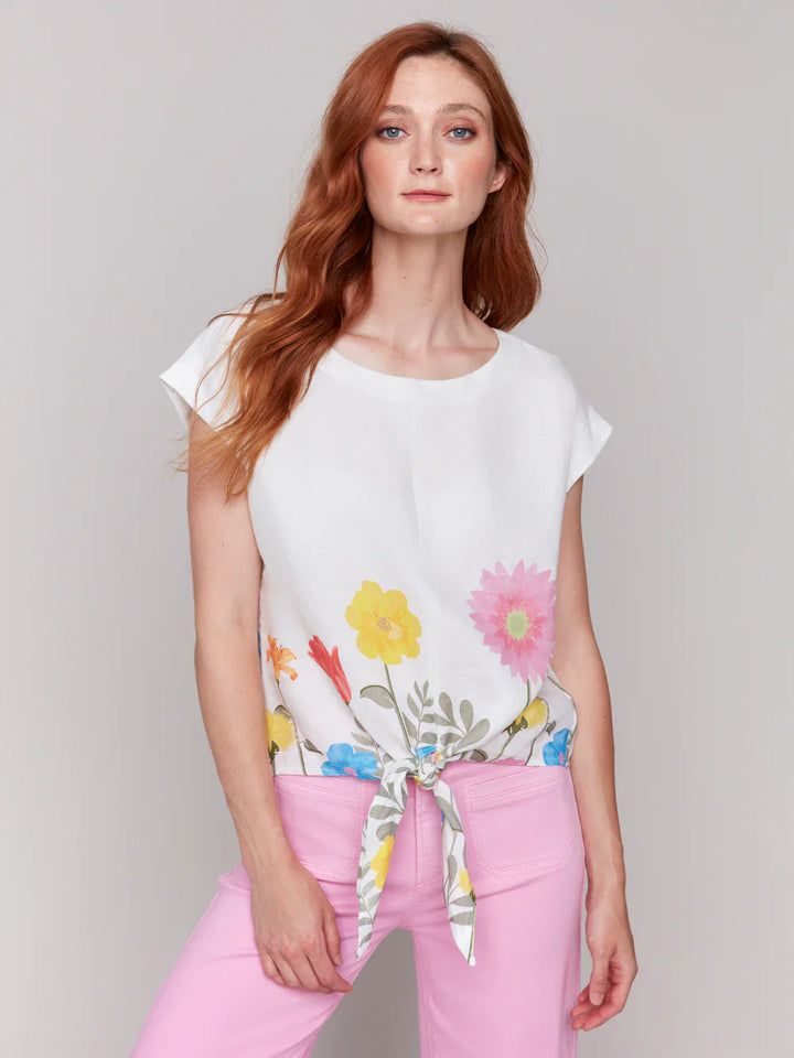 Short Sleeve Front Tie Floral Border Top