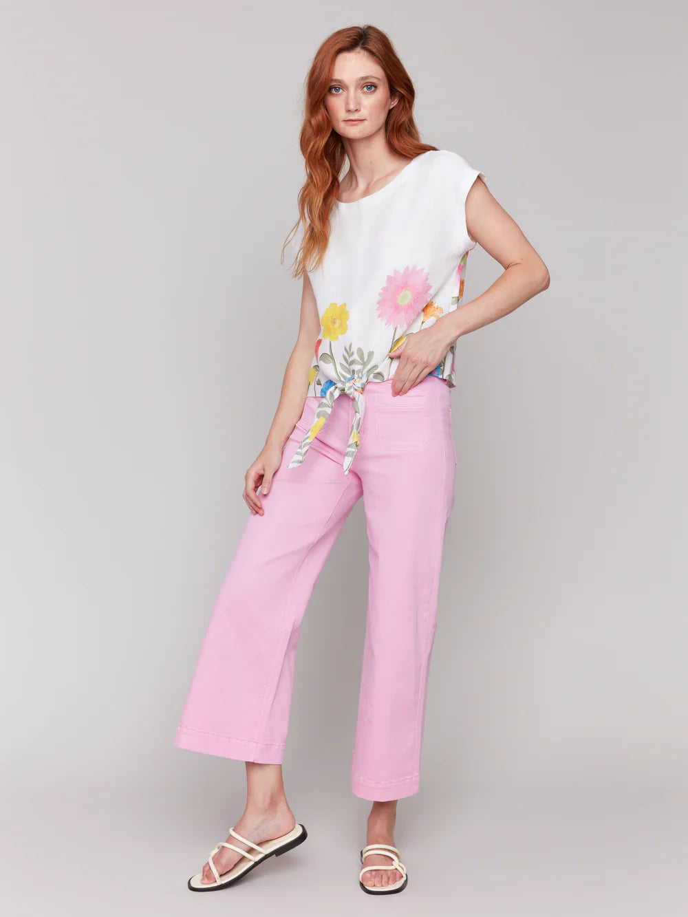Short Sleeve Front Tie Floral Border Top