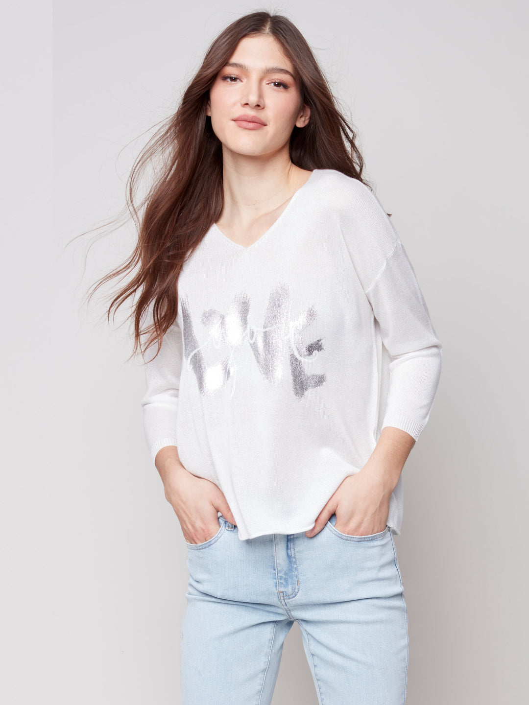 Printed Long Sleeve V-Neck Top