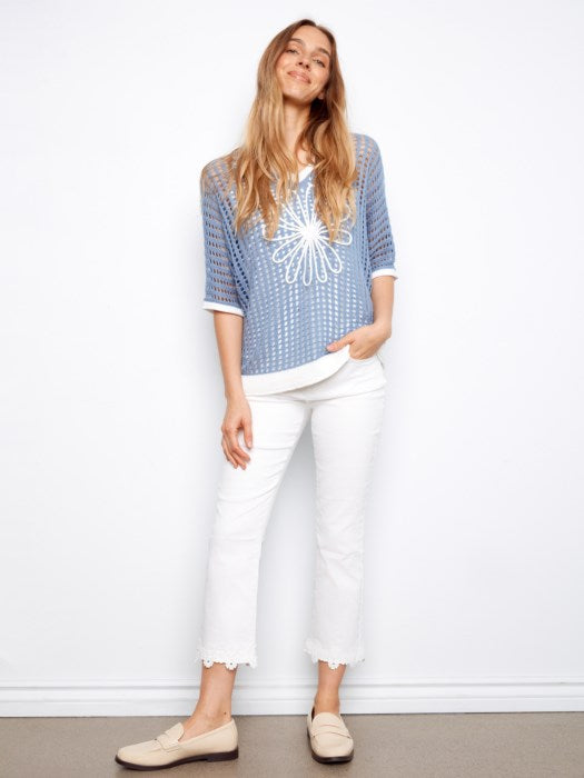 Fishnet Dolman Elbow Sleeve Sweater With Flower Applique At Center