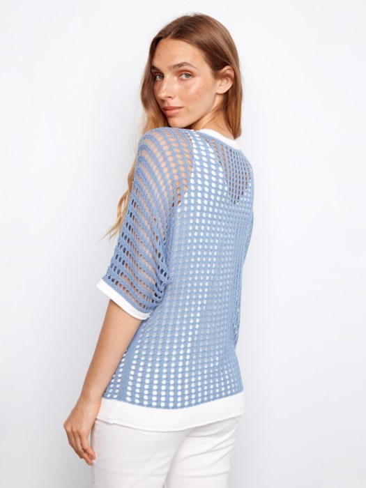 Fishnet Dolman Elbow Sleeve Sweater With Flower Applique At Center