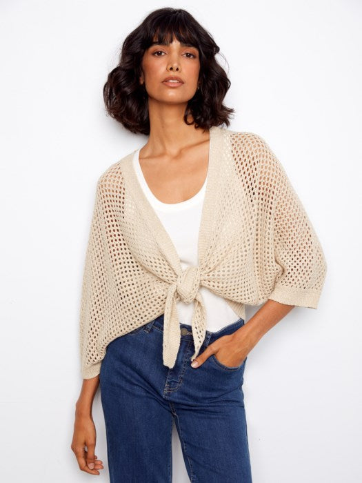 Dolman Elbow Sleeve Tie Front Crochet Lurex Sweater Shrug
