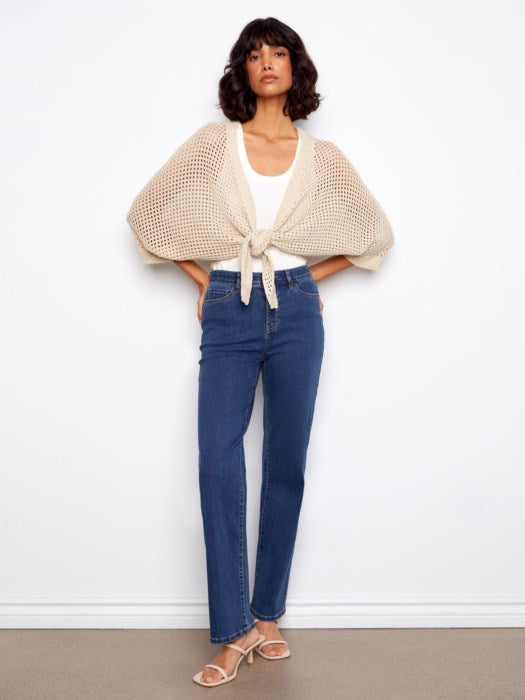 Dolman Elbow Sleeve Tie Front Crochet Lurex Sweater Shrug