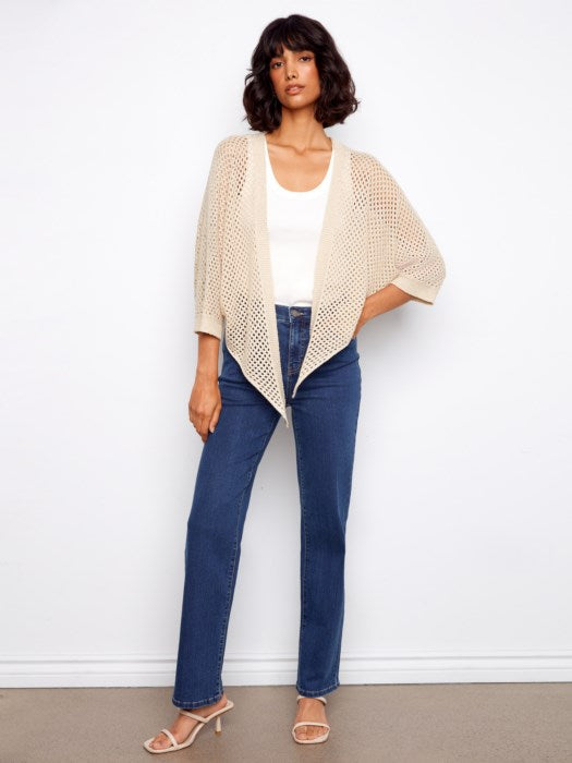 Dolman Elbow Sleeve Tie Front Crochet Lurex Sweater Shrug