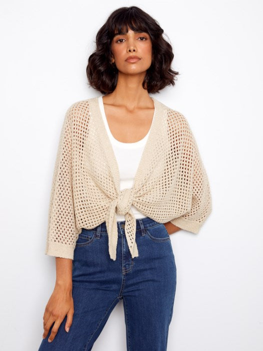 Dolman Elbow Sleeve Tie Front Crochet Lurex Sweater Shrug