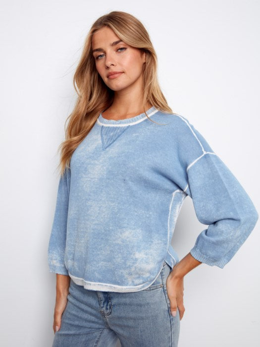 Reversed Print 3/4 Sleeve Sweater With Curved Hem
