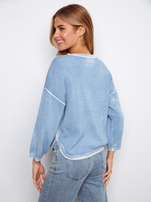 Reversed Print 3/4 Sleeve Sweater With Curved Hem