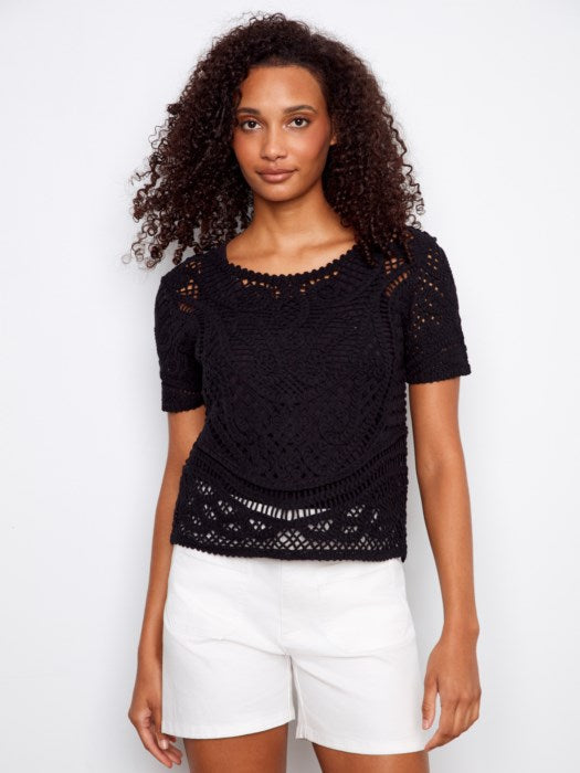 Front Back Reversible Short Sleeve Crochet Sweater With Placket &amp; Buttons