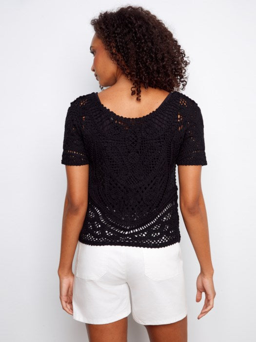 Front Back Reversible Short Sleeve Crochet Sweater With Placket &amp; Buttons