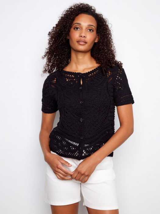 Front Back Reversible Short Sleeve Crochet Sweater With Placket &amp; Buttons