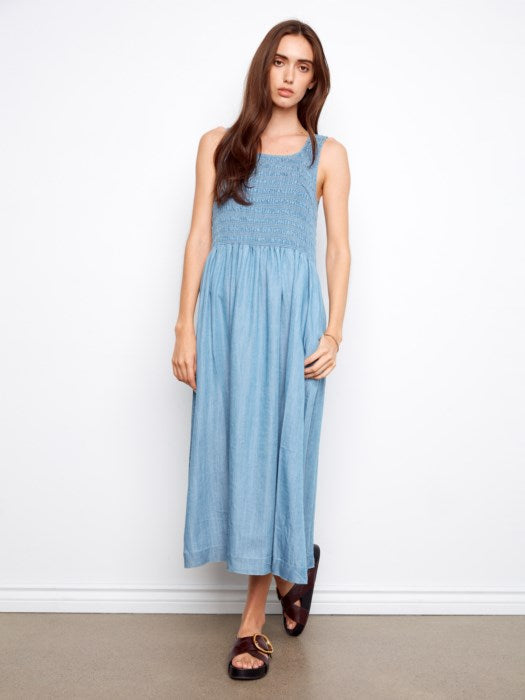 Sleeveless Tencel Maxi Dress with Smocked Bodice