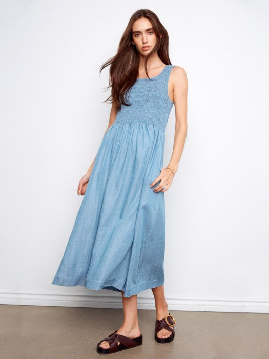 Sleeveless Tencel Maxi Dress with Smocked Bodice