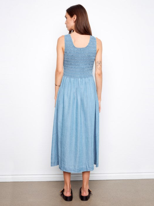 Sleeveless Tencel Maxi Dress with Smocked Bodice