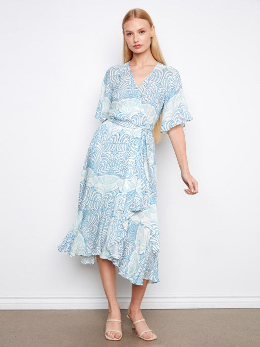 Printed Flutter Elbow Sleeve Fake Wrap Dress With Self Belt