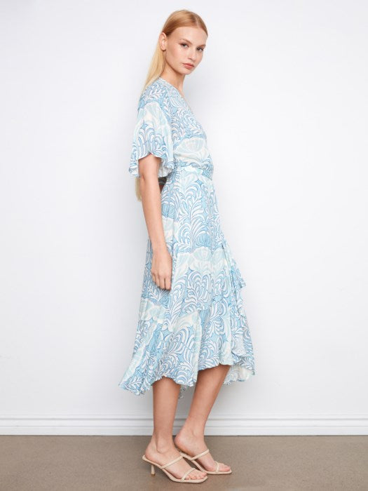 Printed Flutter Elbow Sleeve Fake Wrap Dress With Self Belt