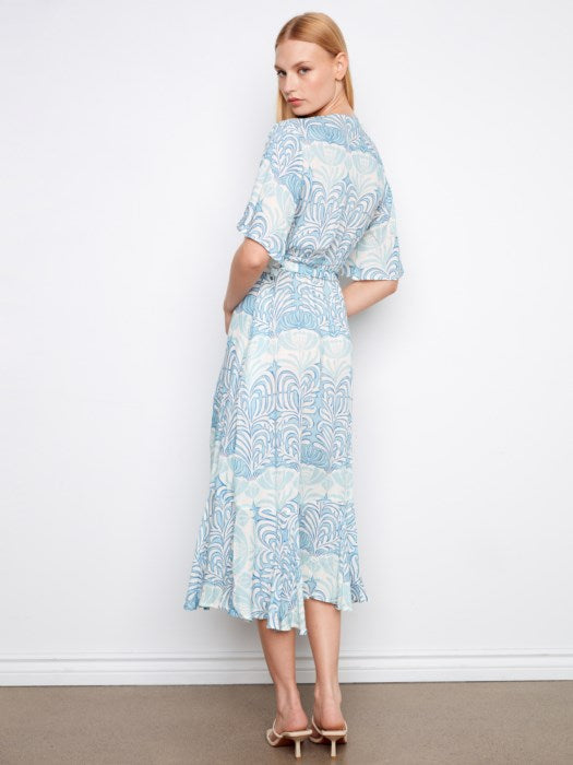 Printed Flutter Elbow Sleeve Fake Wrap Dress With Self Belt
