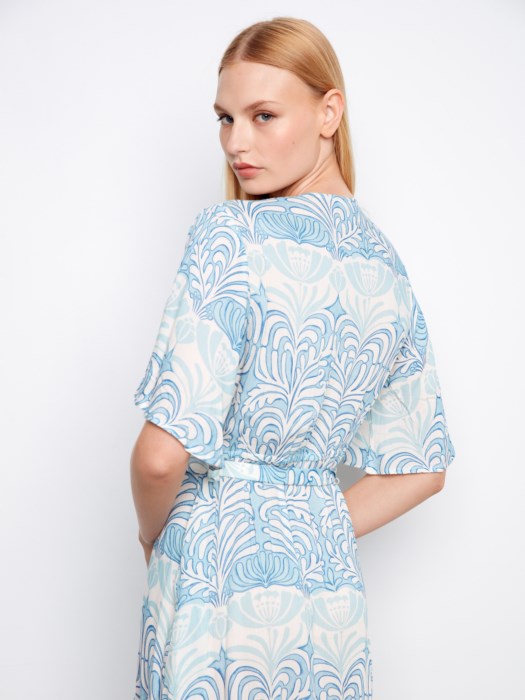 Printed Flutter Elbow Sleeve Fake Wrap Dress With Self Belt