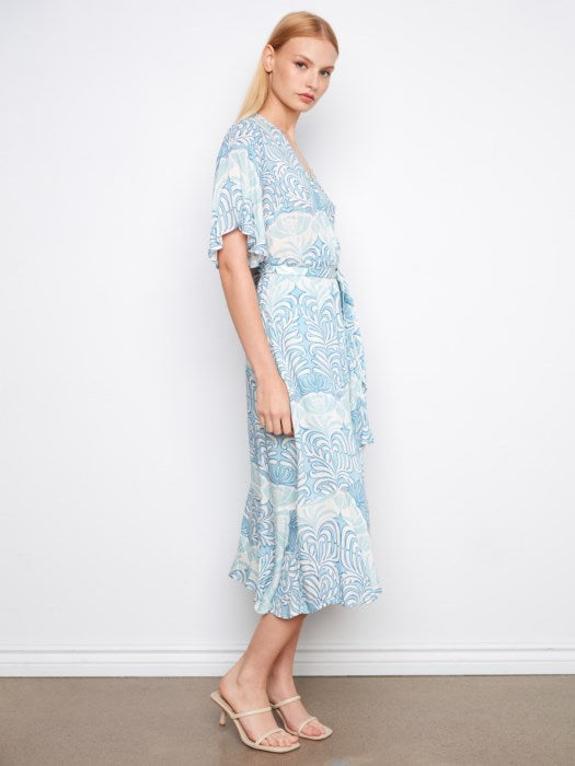 Printed Flutter Elbow Sleeve Fake Wrap Dress With Self Belt