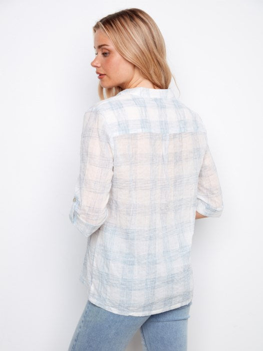 Yarn Dye Voile Half-Button Blouse