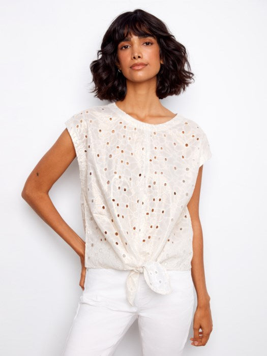 Foil Print Cap Sleeve Front Tie Eyelet Pop-Over Blouse