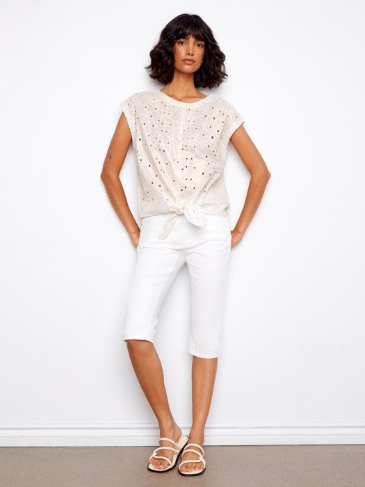 Foil Print Cap Sleeve Front Tie Eyelet Pop-Over Blouse