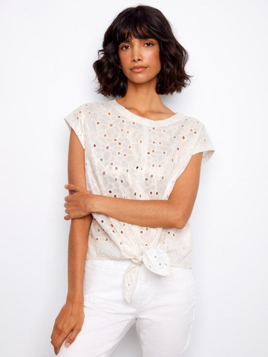 Foil Print Cap Sleeve Front Tie Eyelet Pop-Over Blouse