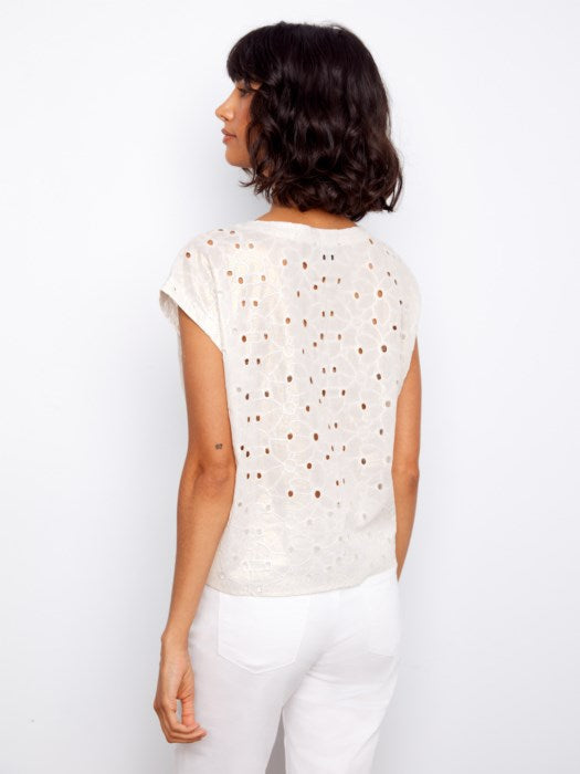 Foil Print Cap Sleeve Front Tie Eyelet Pop-Over Blouse