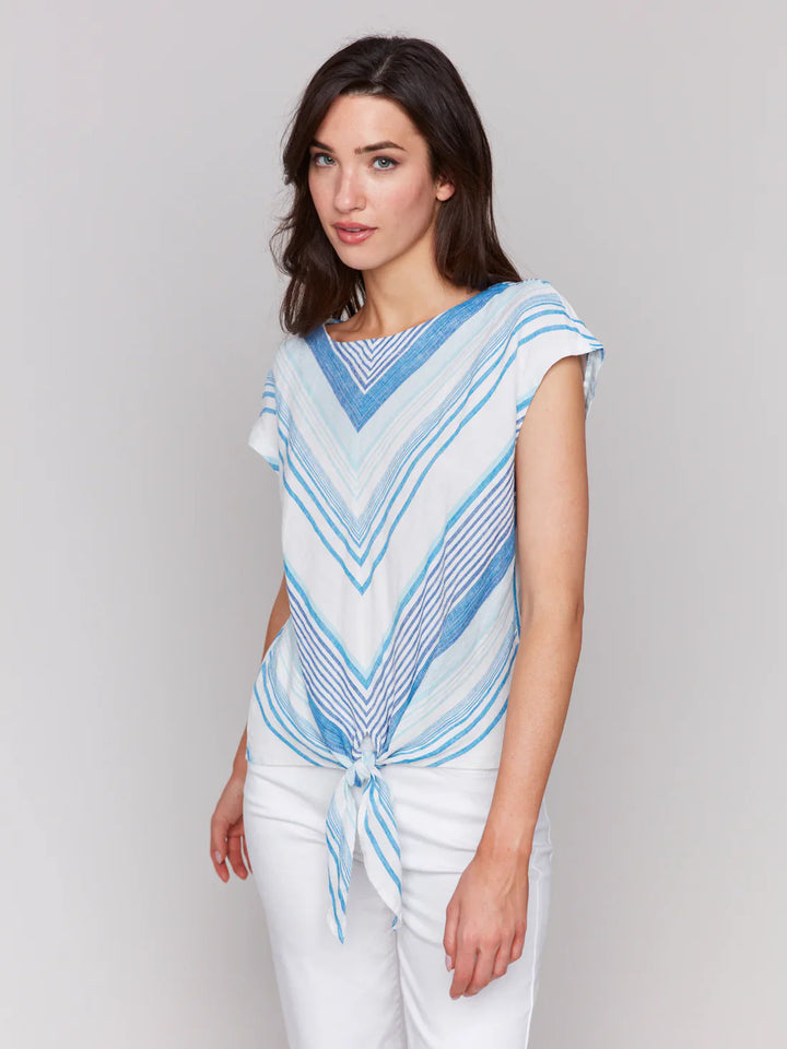 Short Sleeve Chevron Print Front Tie Top
