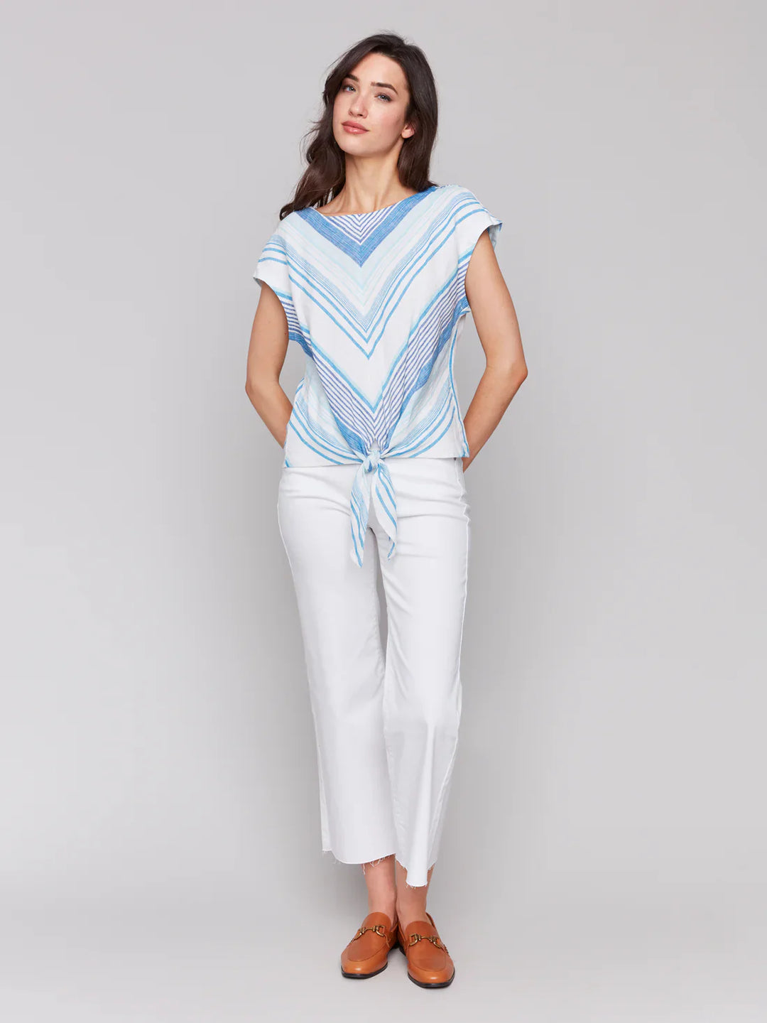 Short Sleeve Chevron Print Front Tie Top