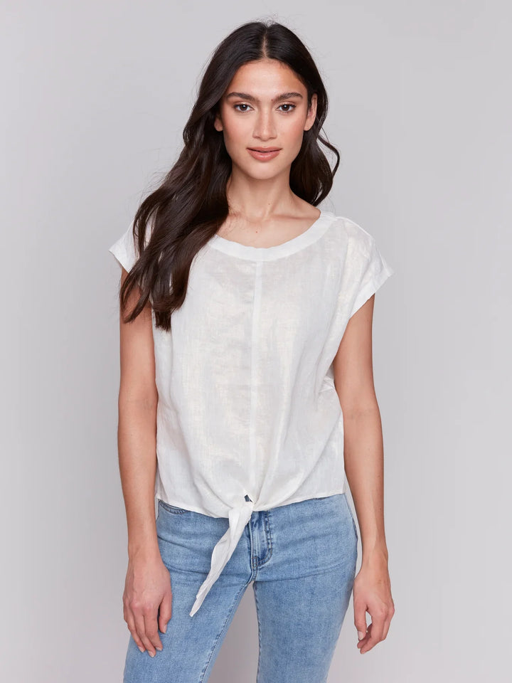 Foiled Linen Short Sleeve Top With Front Tie