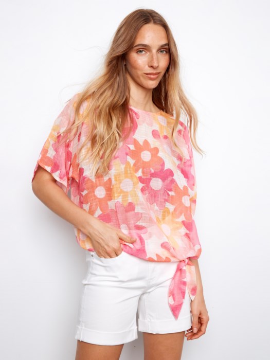 Printed Cotton Gauze Dolman Blouse With Side Tie
