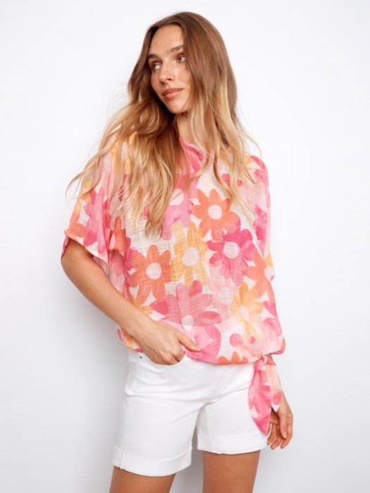 Printed Cotton Gauze Dolman Blouse With Side Tie
