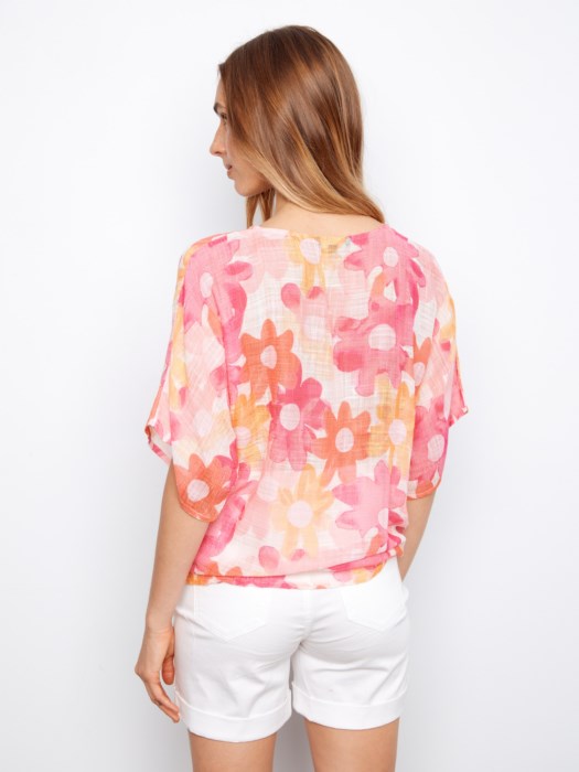 Printed Cotton Gauze Dolman Blouse With Side Tie