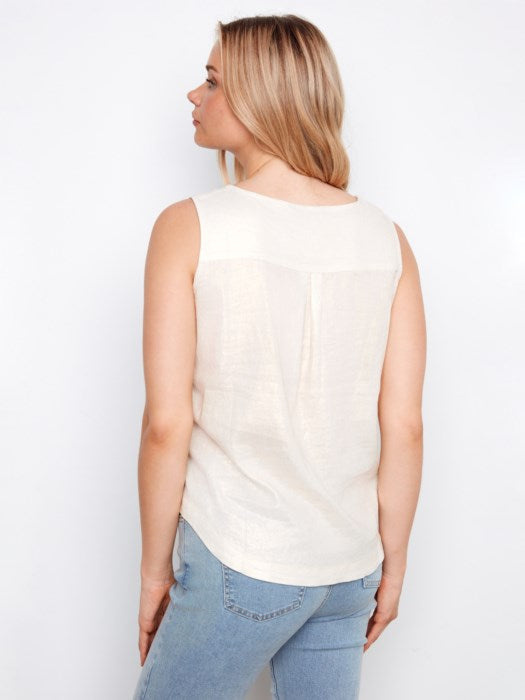 Sleeveless Foil Print Linen Top With Side Buttons