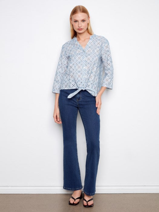 Eyelet 3/4 Roll Up Sleeve Blouse With Front Ties