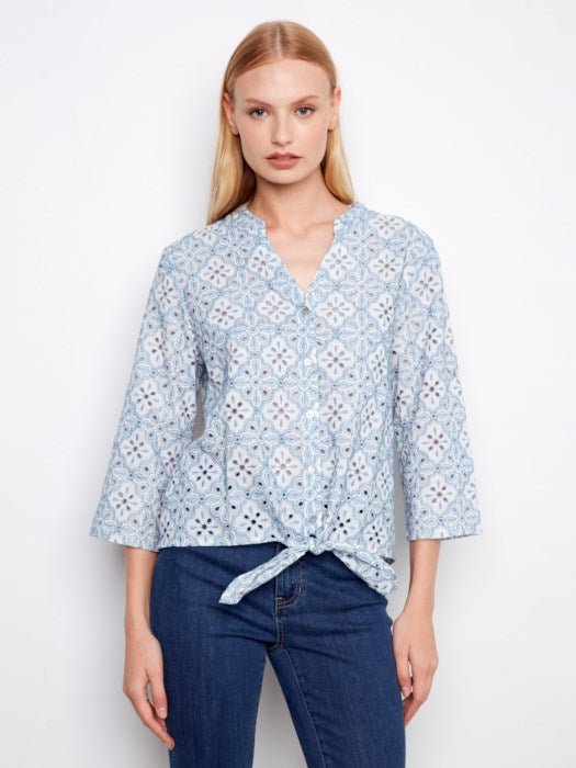 Eyelet 3/4 Roll Up Sleeve Blouse With Front Ties