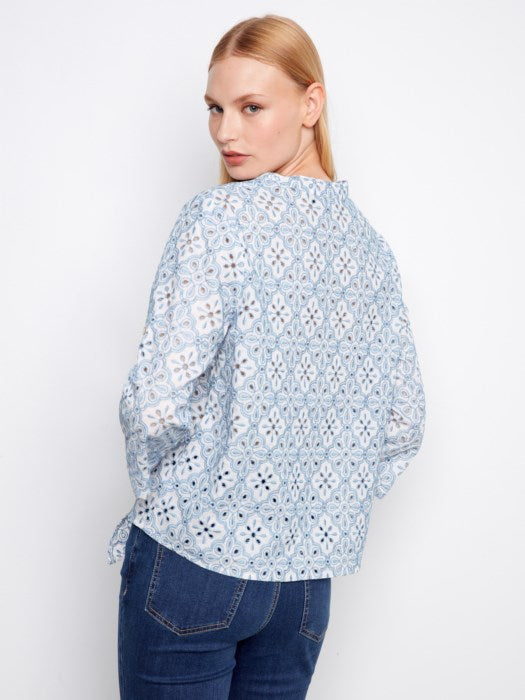 Eyelet 3/4 Roll Up Sleeve Blouse With Front Ties