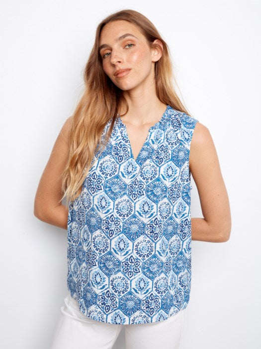 Printed Ruffle Neck Sleeveless Top