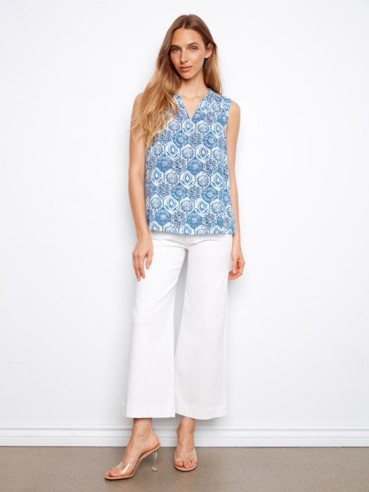 Printed Ruffle Neck Sleeveless Top
