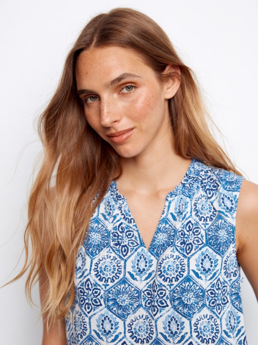 Printed Ruffle Neck Sleeveless Top