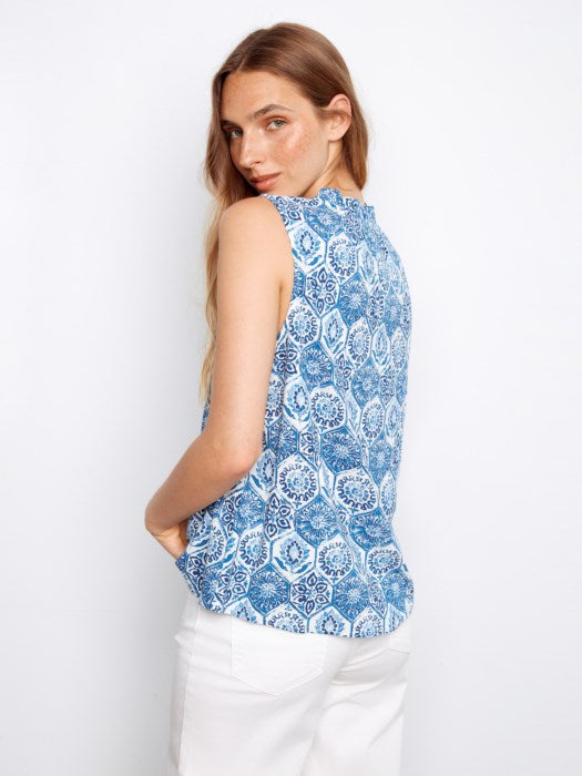 Printed Ruffle Neck Sleeveless Top
