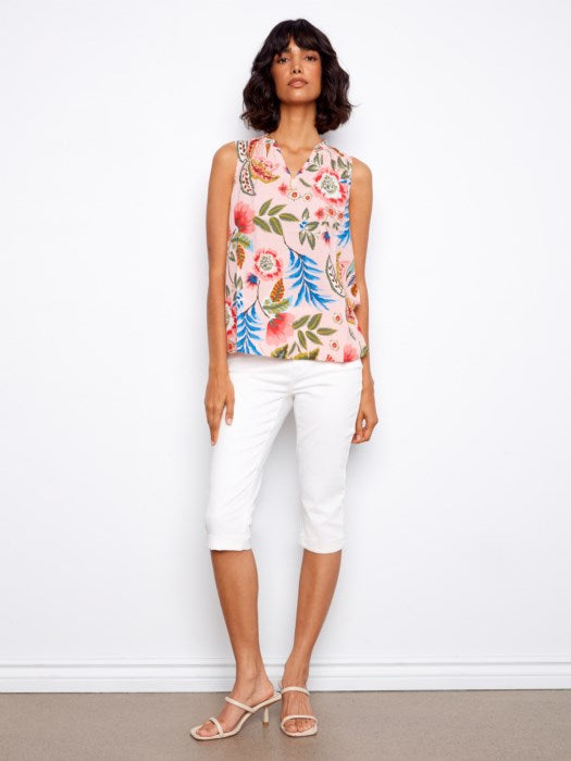 Printed Ruffle Neck Sleeveless Top