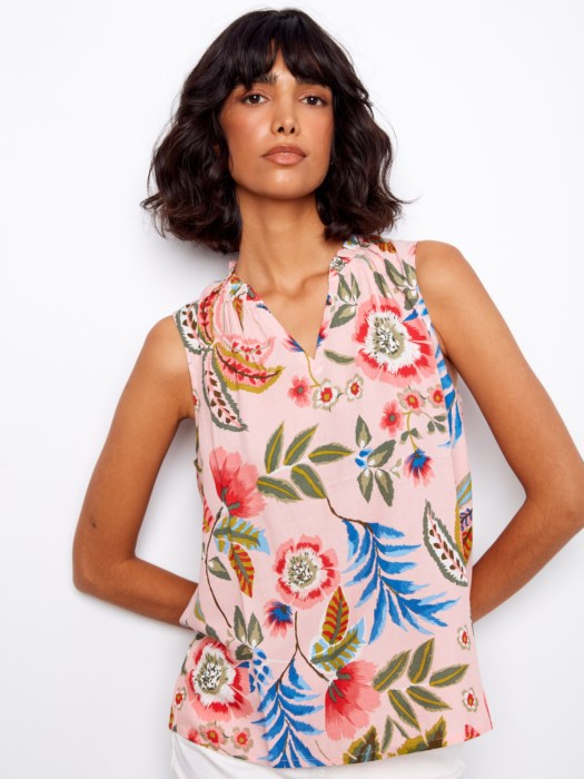 Printed Ruffle Neck Sleeveless Top