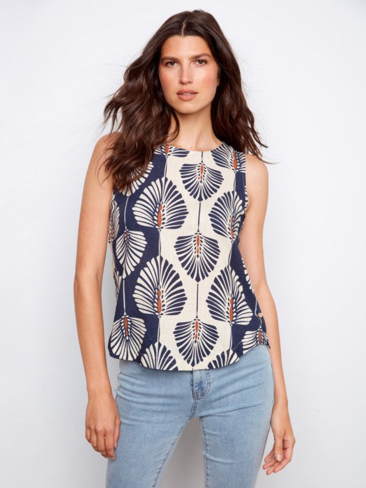Printed Sleeveless Linen Blouse With Rounded Hem