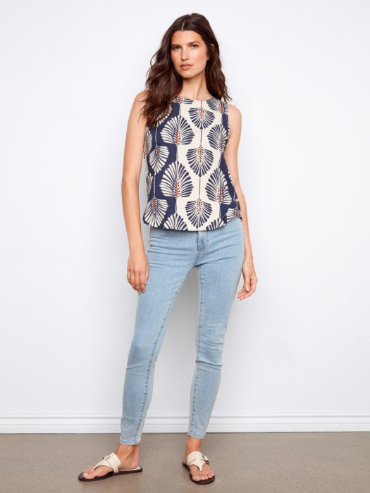 Printed Sleeveless Linen Blouse With Rounded Hem