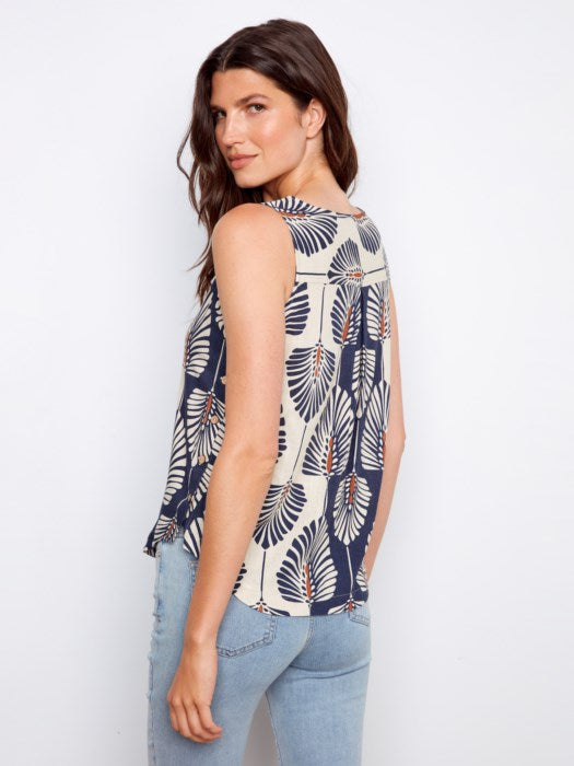 Printed Sleeveless Linen Blouse With Rounded Hem